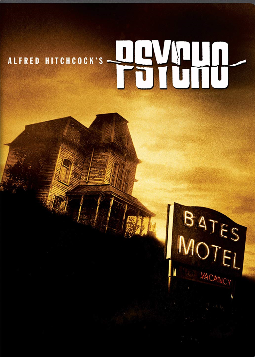 A large house looms in the background behind a sign reading Bates Motel