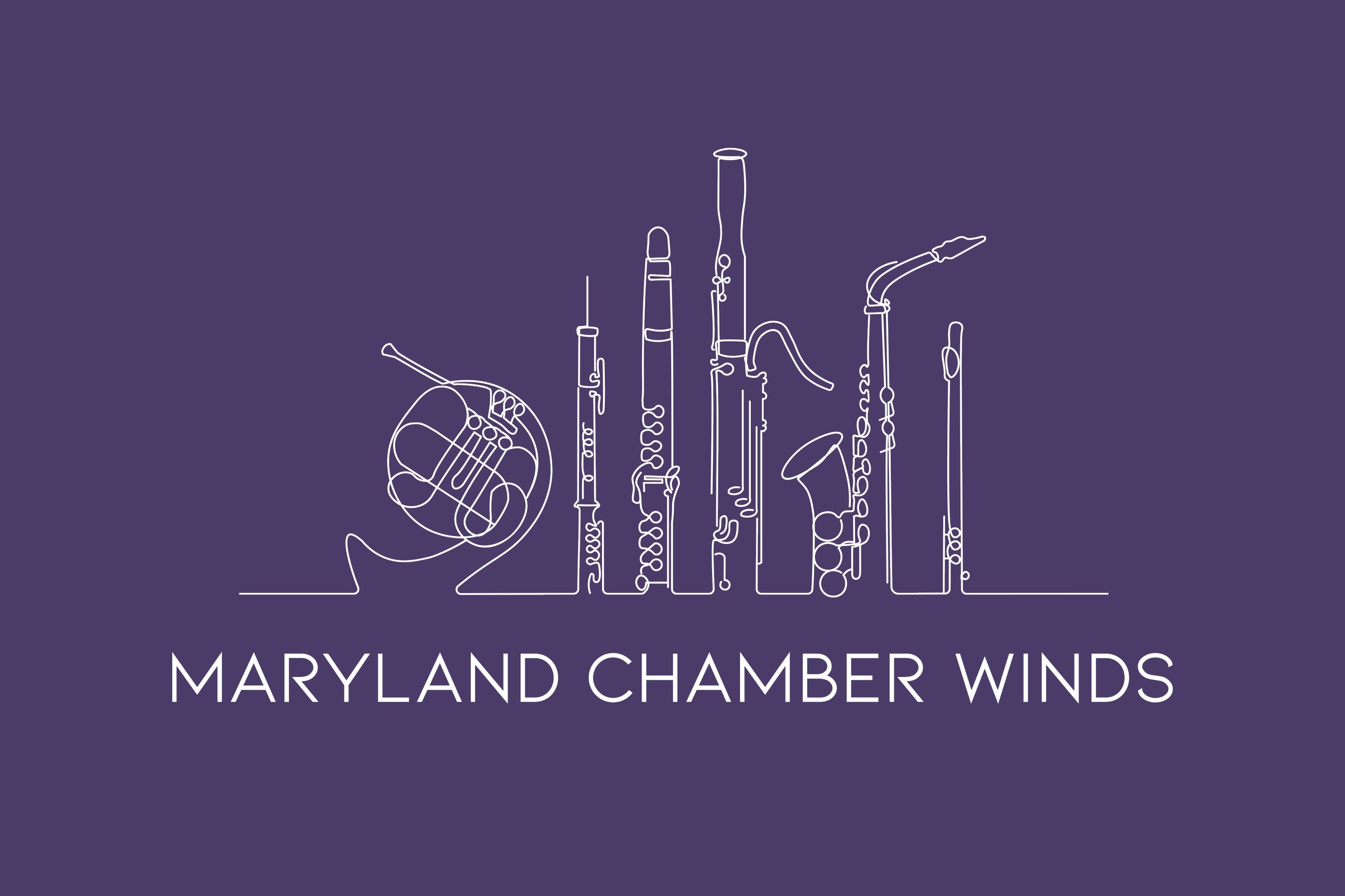 A purple background with Maryland Chamber Winds in white with a line drawing of wind instruments in white above.