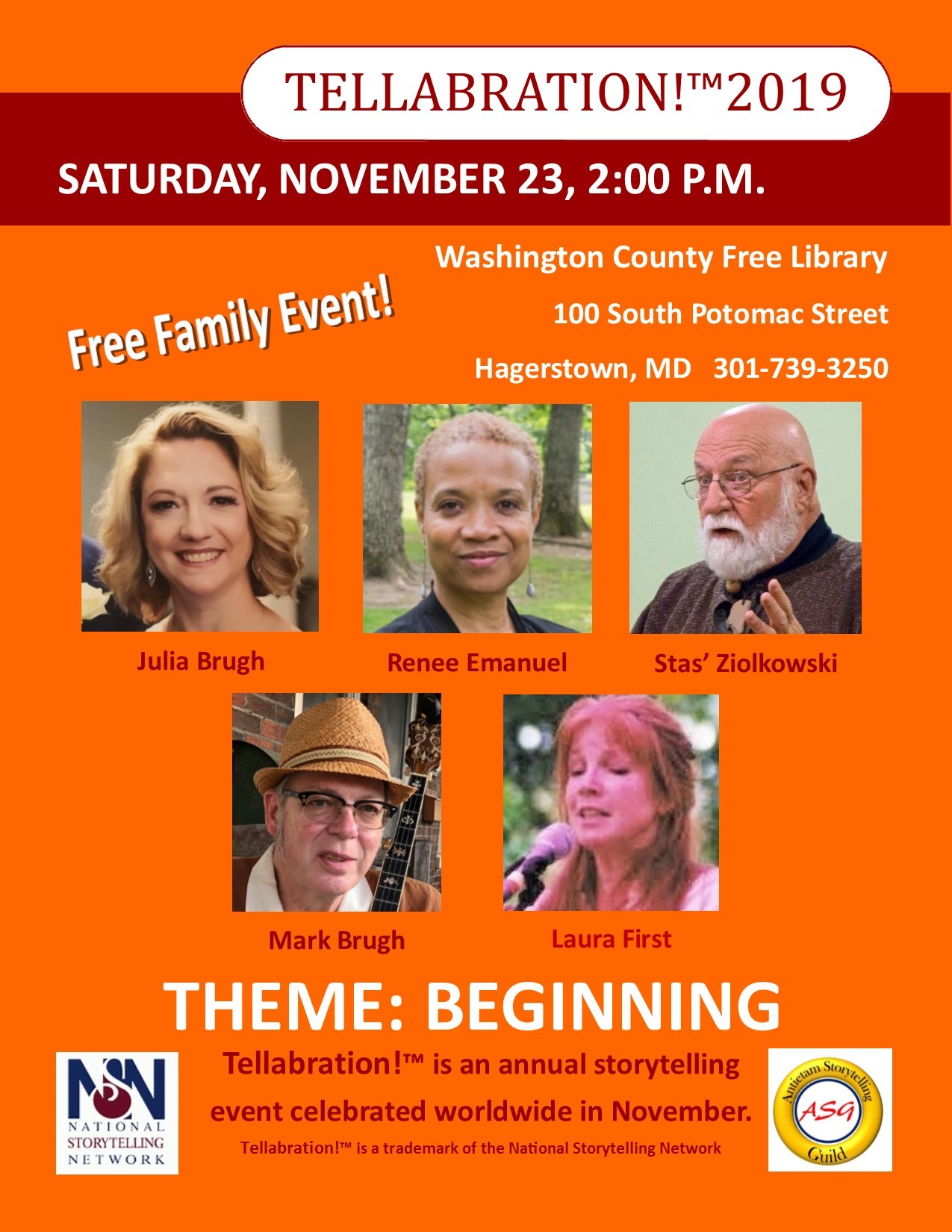 Poster for event with orange background and photos of each storyteller featured