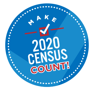 Graphic of blue button with check mark inside and "Make 2020 Census Count" in blue and red bold font.
