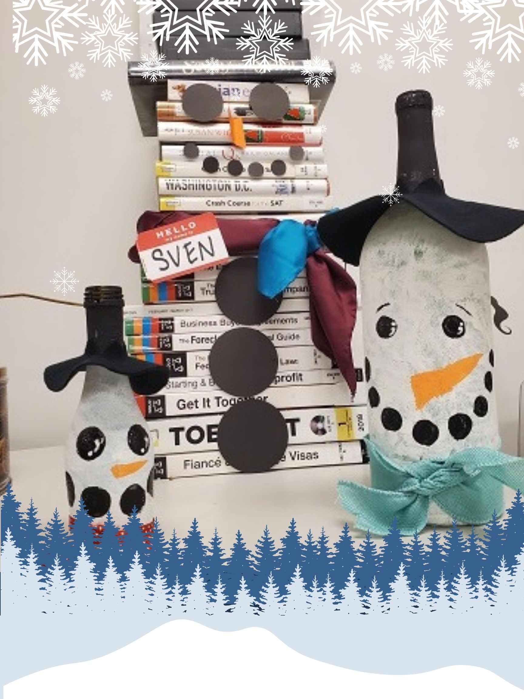 1 small wine bottle snowman, 1 large wine bottle snowman, and a snowman made from books