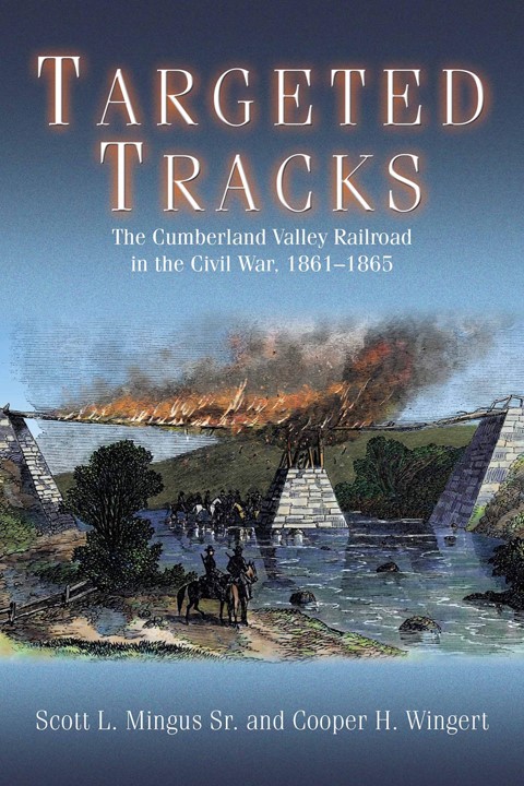 Book cover of historic illustration showing a man on a horse along riverbank under a train crossing a stone and wood bridge in the distance. The train is on fire.