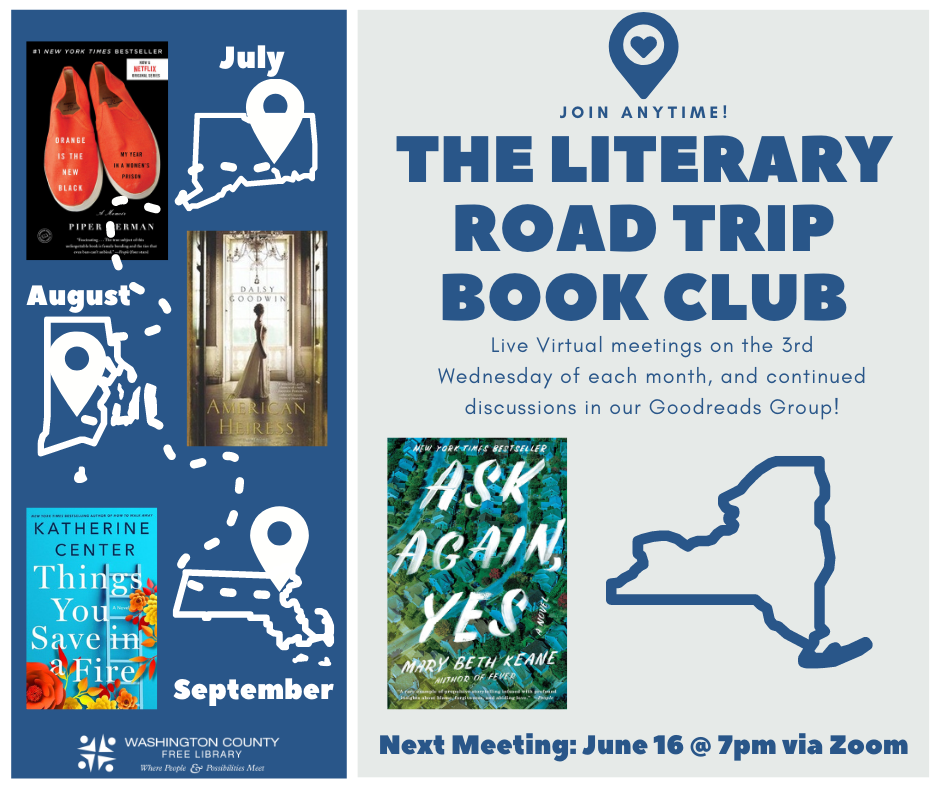 The Literary Road Trip Book Club Live virtual meetings the 3rd Wednesday of each month via zoom. Next meeting: June 16 @ 7pm via Zoom