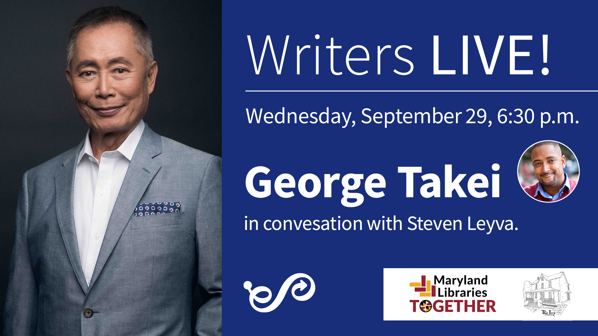 Image of George Takei in a gray suit with Writers Live information in blue box to right