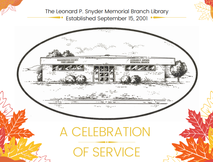 Drawing of the L.P. Snyder Memorial Branch Library bordered by autumn leaves