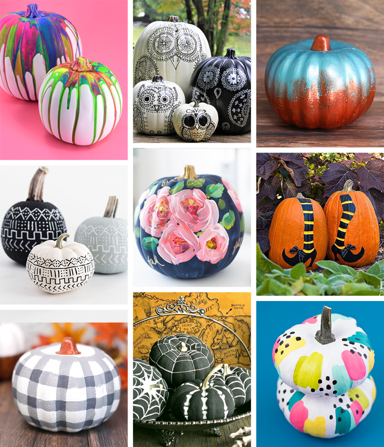A collage of nine different types of colorful, painted pumpkins