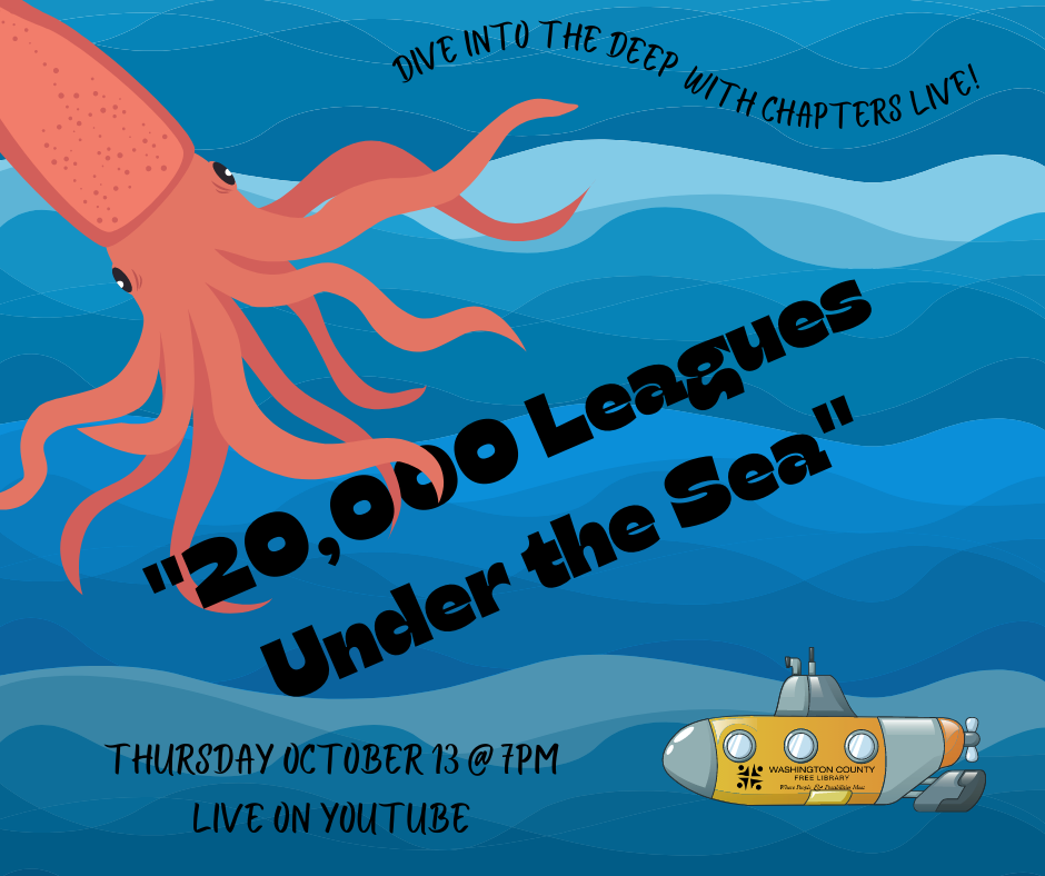 A giant squid wraps its tentacles around the text while a submarine swims below it