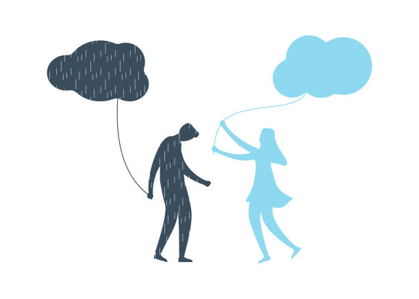 A man is holding onto a cloud "balloon" that features rain, and a woman is holding a brighter cloud "balloon"
