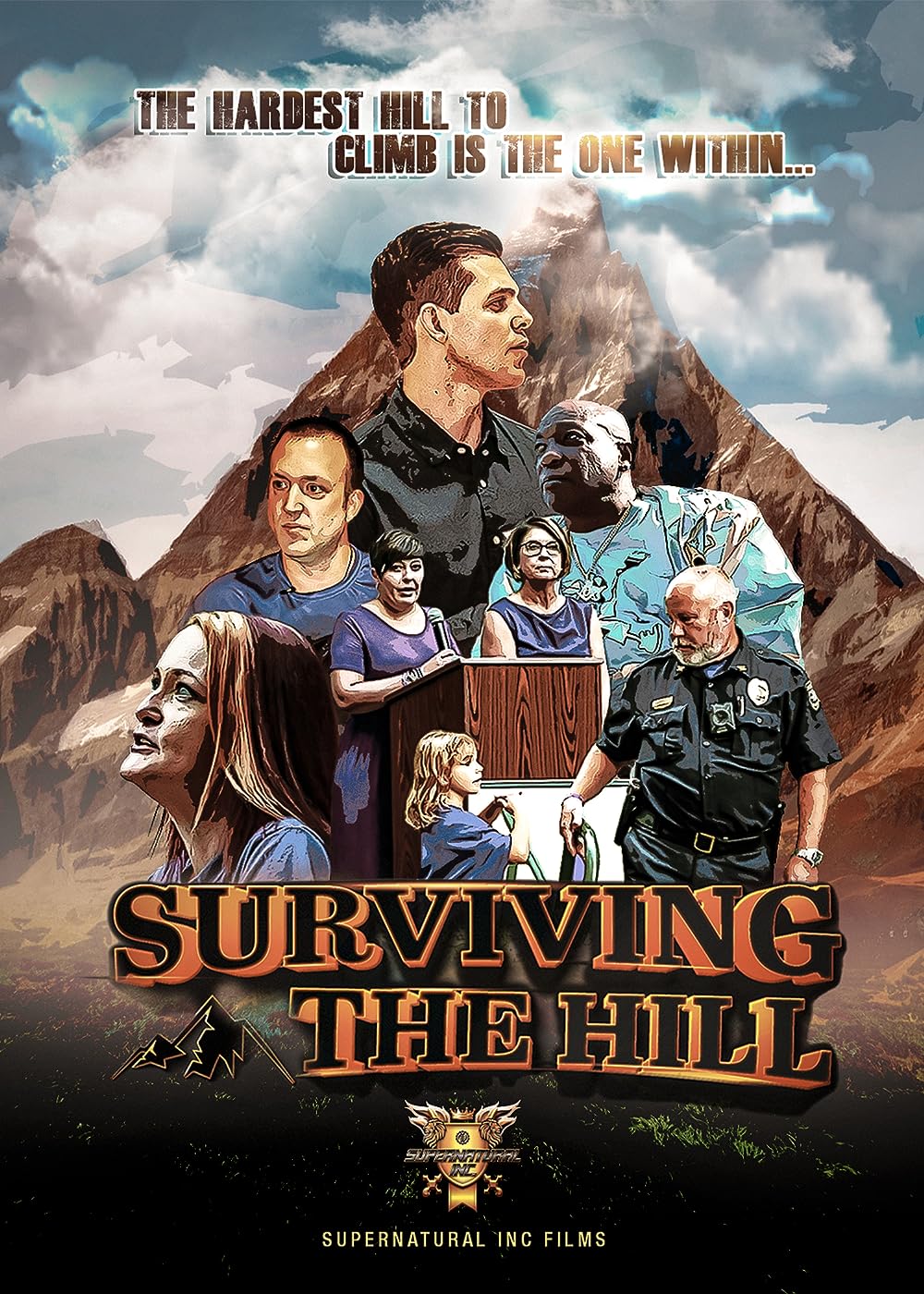 Movie poster with several individuals including a man looking into the distance, two women at a podium, a man in a police uniform, and a woman with long hair looking upward all against a hill and sky