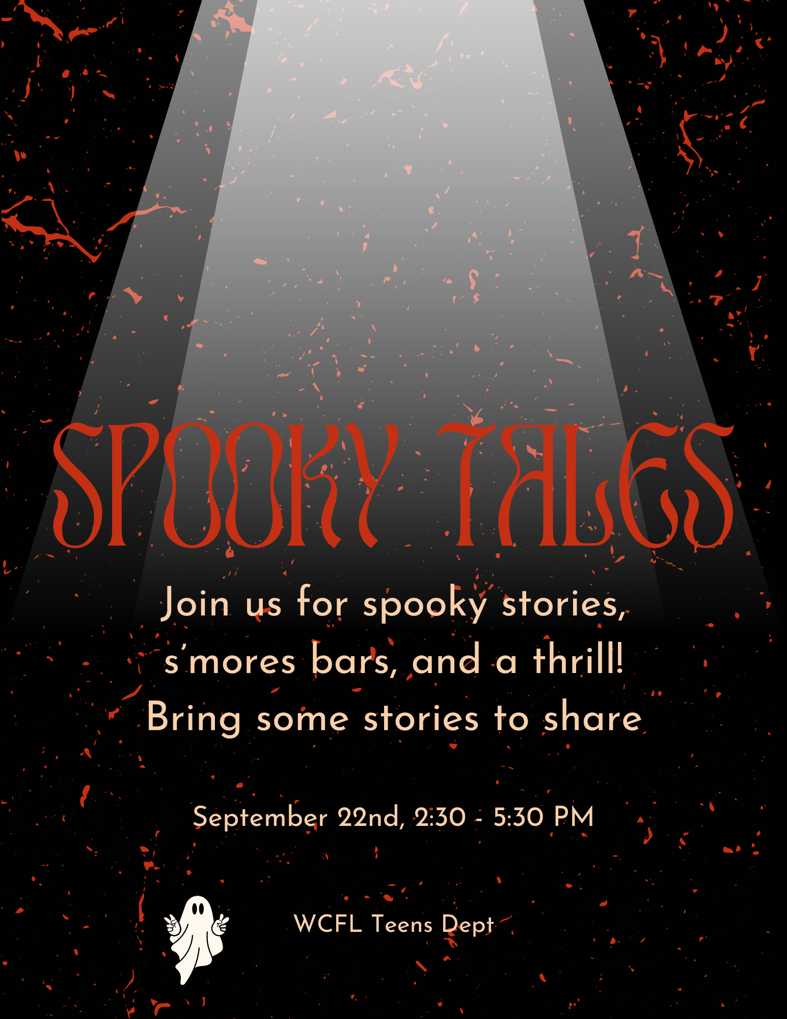 Spooky Tales highlighted by flashlight. Join us for spooky stories, s’mores bars, and a thrill! Bring some stories to share.
