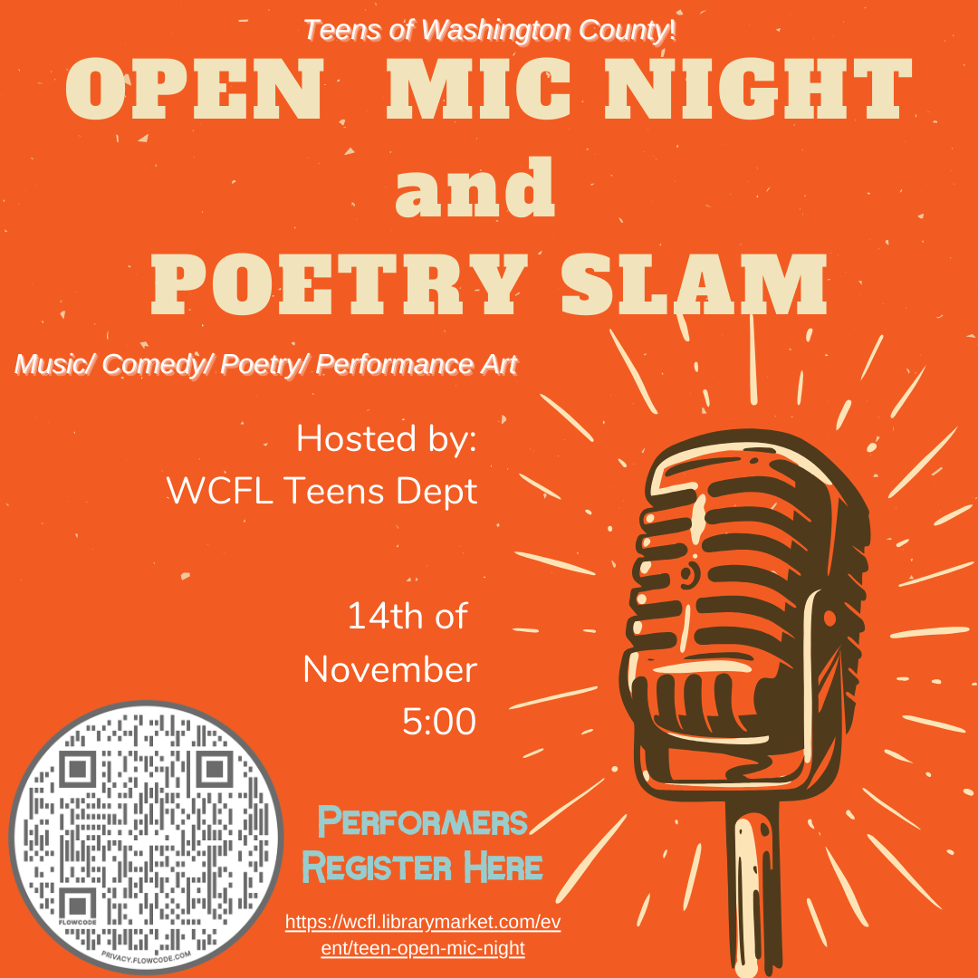 open mic night and poetry slam; qr code scanner