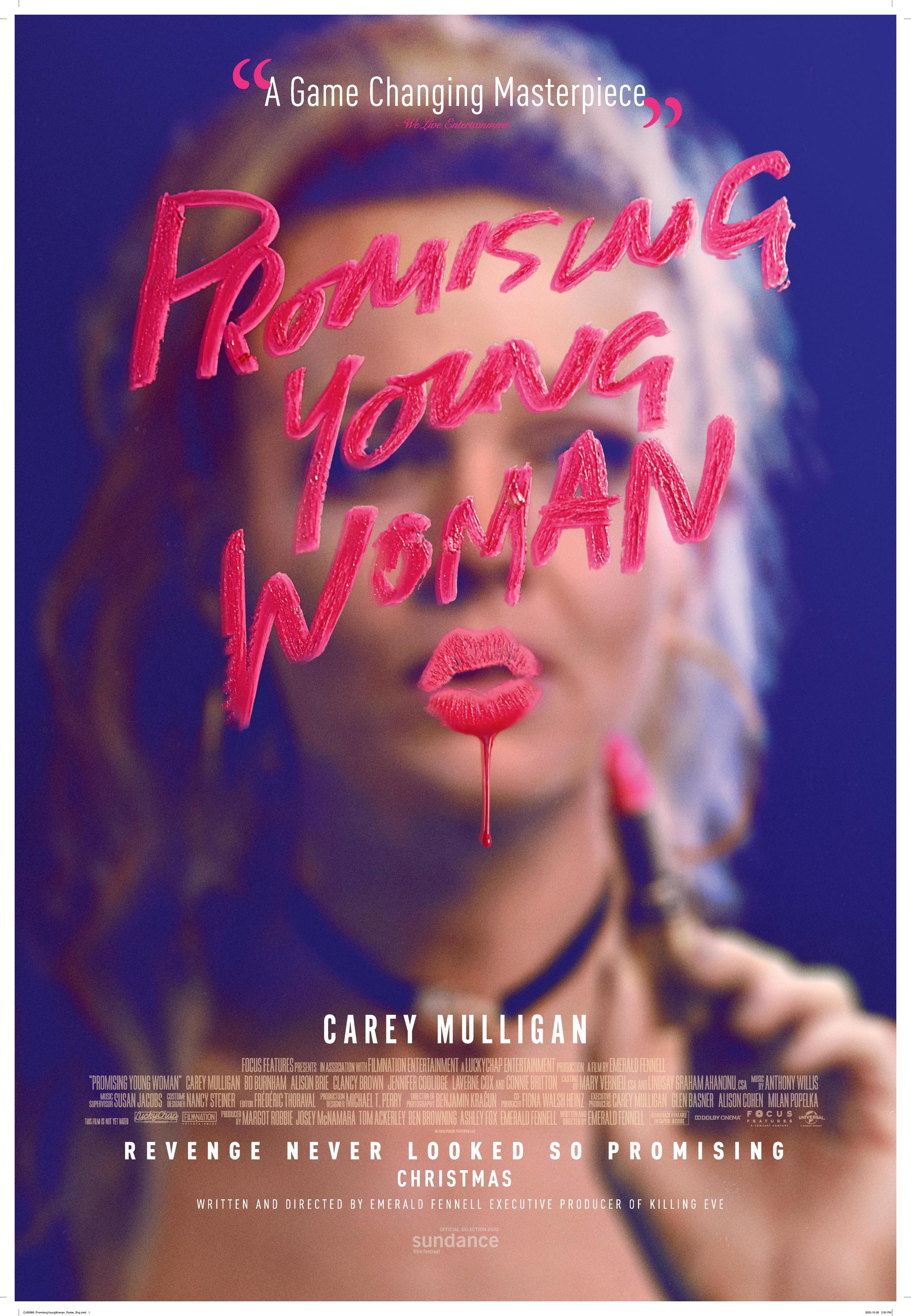A young woman writes the title of the film in lipstick, with the lip mark superimposed over her own lips 