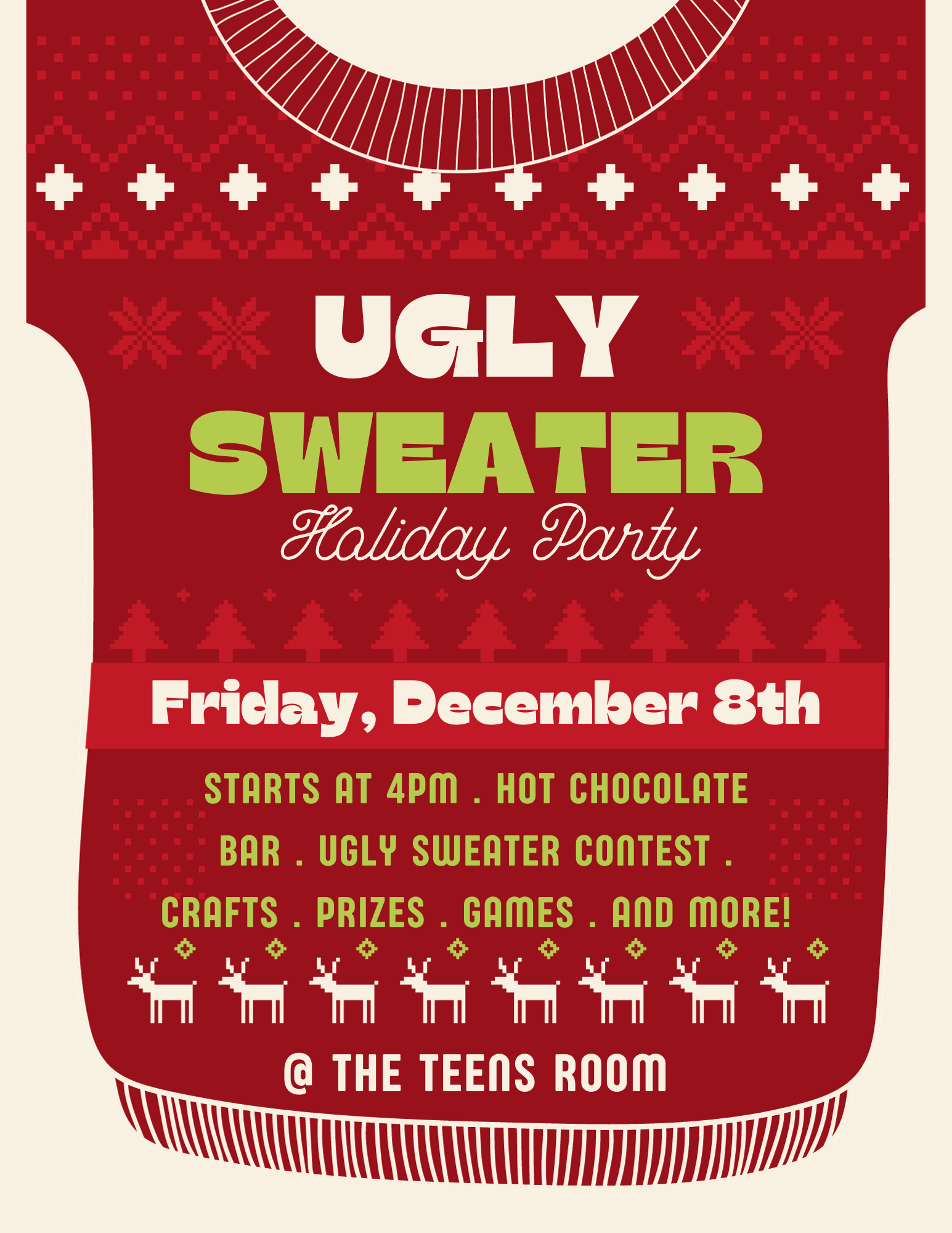 ugly sweater with white and green words. ugly sweater holiday party.