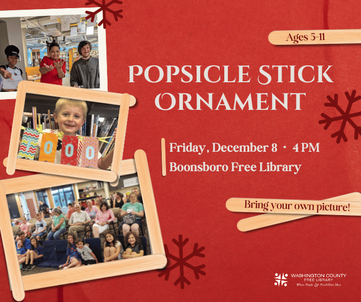 TExt: "Popsicle Stick Ornament" with three pictures bordered by popsicle sticks on red background. 