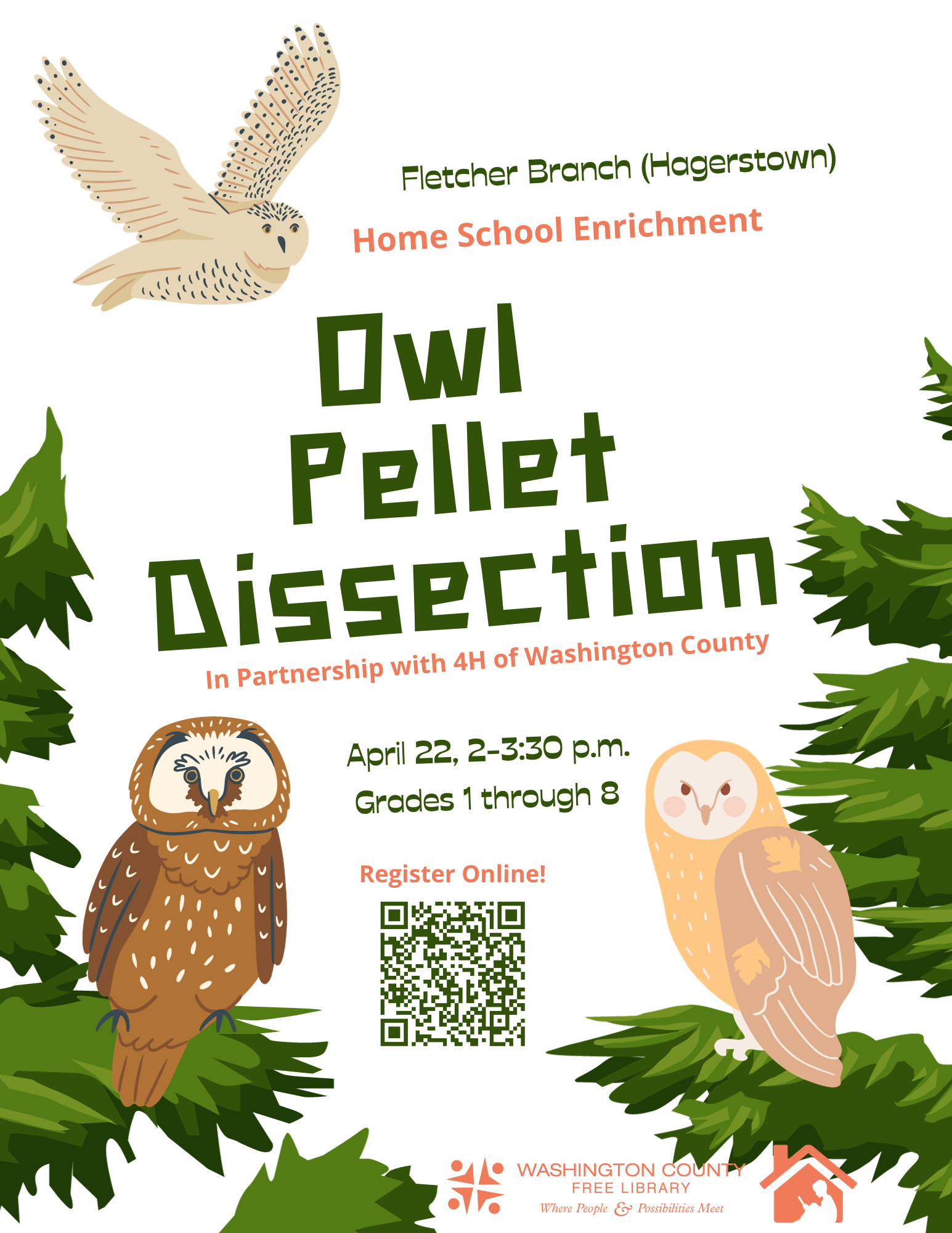 Owls swoop in from the corners of the page and settle among evergreen branches in the lower left and right corners, staring down the viewer. The flyer reads: "Fletcher Branch (Hagerstown) Home School Enrichment Class: Owl Pellet Dissection, in Partnership with 4H of Washington County. April 22nd, 2-3:30 pm, Grades 1 through 8. Register online!" There is a QR code to scan and register for the class. 