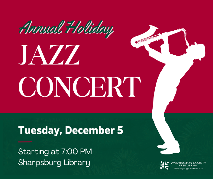 Annual Holiday Jazz Concert with silhouette of saxophone player on red and green background.