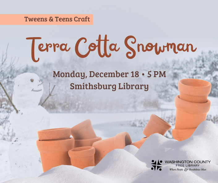 Winter scene with snowman and terra cotta pots with text "Terra cotta Snowman".