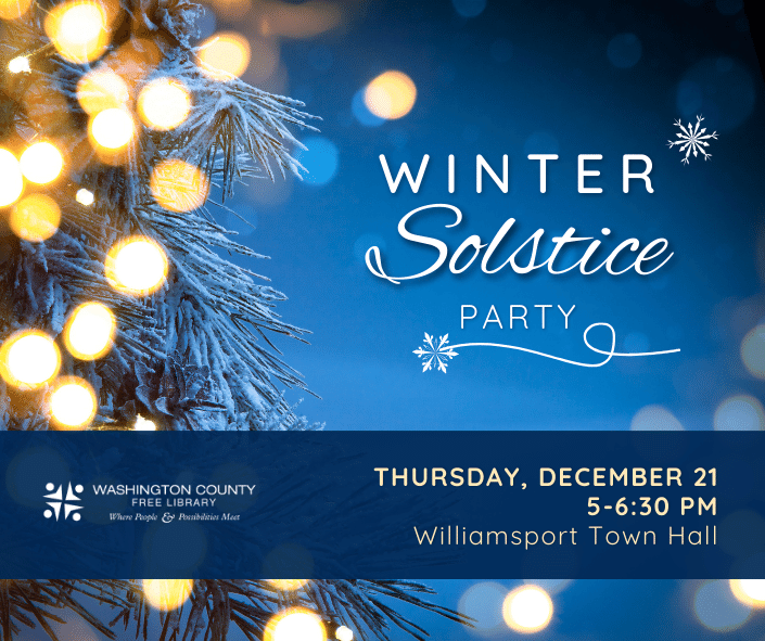 Winter Solstice party with glowing lights and blue background.