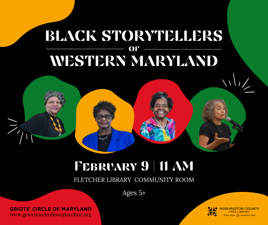Four Black women storytellers smiling against colorful backgrounds
