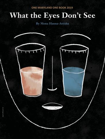 Graphic of face drawn against black background with one clear glass of water and one brown glass of water against cheeks