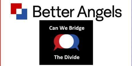 Better Angels logo and name with "Can We Bridge the Divide" with red and blue speech bubbles from opposite directions meeting in the middle to create a white circle where the bubbled overlap