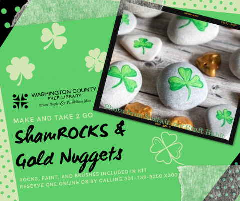 ShamROCKS and Gold Nuggets Make and Take 2 Go Shamrocks painted on rocks and small rocks painted gold