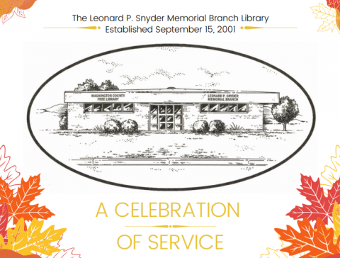 Drawing of the L.P. Snyder Memorial Branch Library bordered by autumn leaves