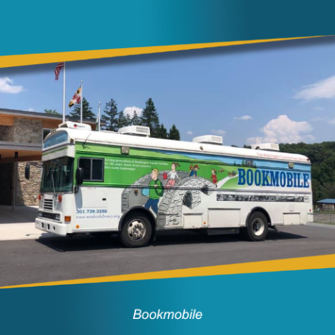 Bookmobile bus parked outside of a facility