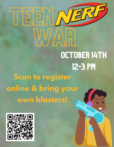 QR Code for registration. Kid holding a nerf blaster. Nerf logo.