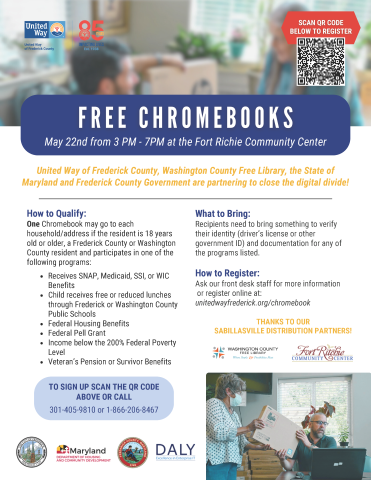 flyer with United Way of Frederick, WCFL, and MD logos as well as details about chromebook distribution eligibility and proof