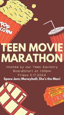 Teem Movie Marathon flyer, popcorn, soda drink, film, and movie tickets