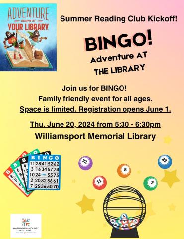 bingo card and date of program June 20th 5:30 pm