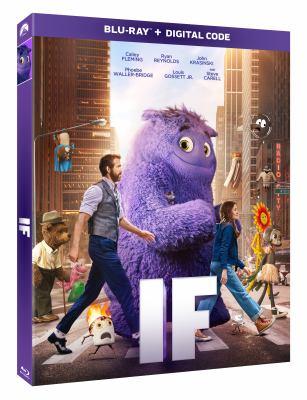 Cover art from IF movie - purple character walking in city with people
