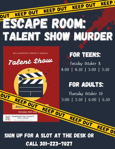 red and black caution tape- can you escape- talent show murder 