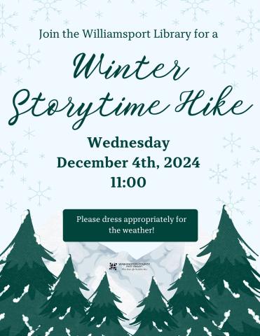 forest with snow, winter storytime hike dec 4th 11 am 