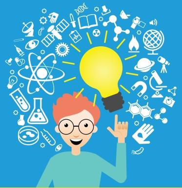 Illustration of a child with a large light bulb to the right of his head and small science related icons. 