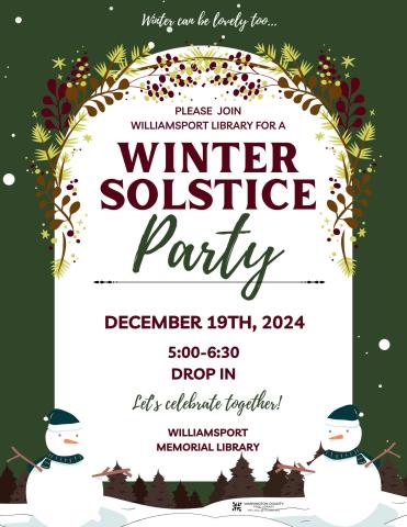 winter solstice, trees, snow, snowman dec 19th 5- 6:30 