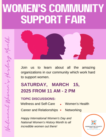 Different shades of pink background. 4 outlines of women's head standing side by side. Information about the event.