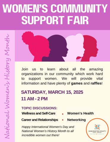 Different shades of pink background. 4 outlines of women's head standing side by side. Information about the event.