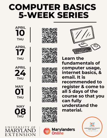 Pale brown background. Bold letters for title of event. Event dates and QR Codes for registration. Description of event. Outline of a computer.