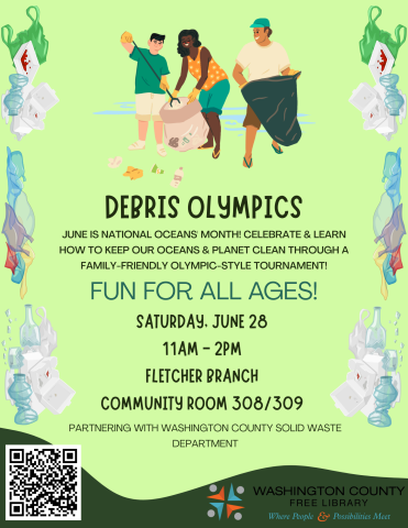 Light green background. People picking up trash/ A border of trash. Event information. QR code to register. WCFL logo.