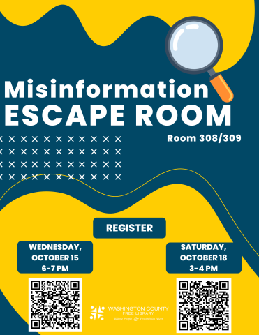 Dark blue background with yellow blobs. Big magnifying glass and title in white text. Registration info and QR Codes.