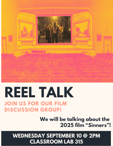 A theater shows a film on the screen. Text describes the event. 