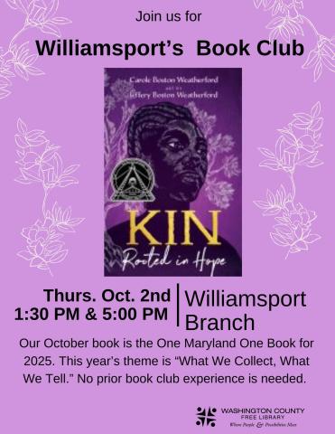 cover of book club book and date of event purple 