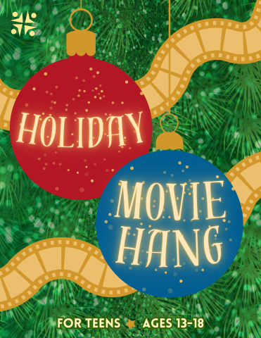 Red and blue ornaments with a glittery green background and gold movie reel garland