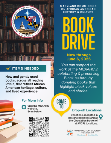 Book Drive flyer presented by Maryland Commission on African American History & Culture with their logo and large bookshelf behind.