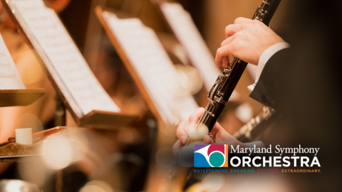 Photo with clarinet, music stand, and player's hands with MSO logo in bottom right
