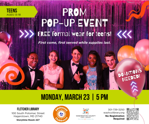 Group of teenagers in formal attire standing in front of purple streamer wall with balloons.