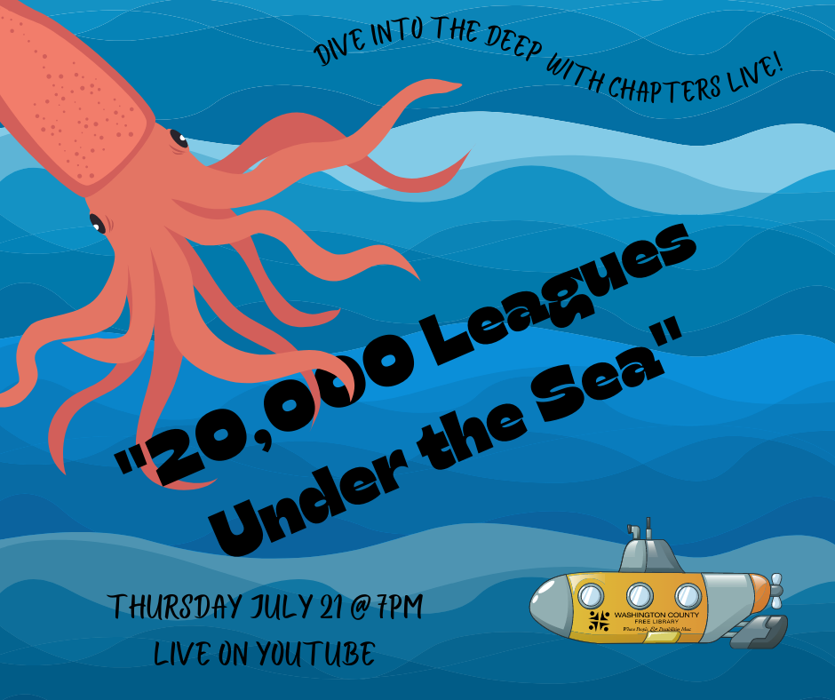 A giant squid wraps its tentacles around the text while a submarine swims below it