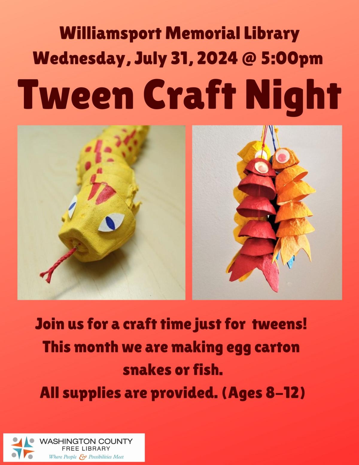 fish and snake craft with dates of program july 31 5:00pm 